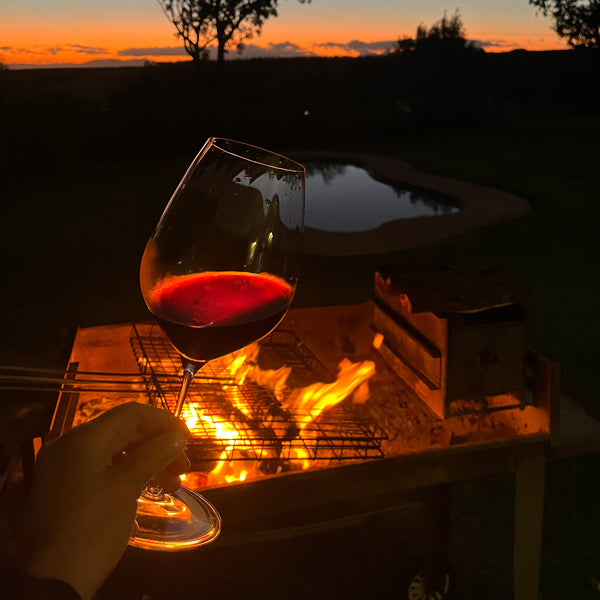 Glass of red wine held by a person with a campfire and sunset in the background
